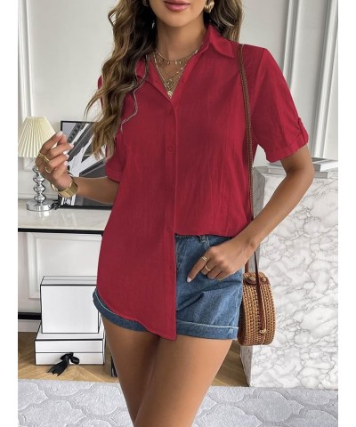 Women Linen Button Down Shirt Rolled Cuffed Short Sleeve Blouse Ladies Summer Casual V Neck Beach Cotton Tops Bordeaux Red $9...