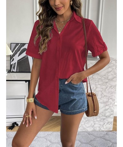 Women Linen Button Down Shirt Rolled Cuffed Short Sleeve Blouse Ladies Summer Casual V Neck Beach Cotton Tops Bordeaux Red $9...