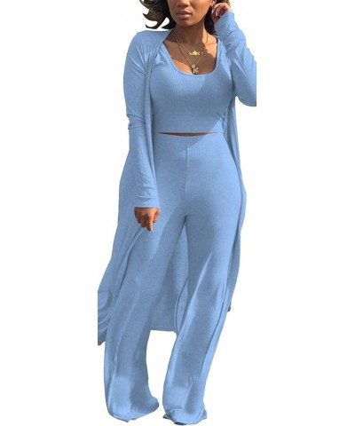 3 Piece Suit for Women's Solid Long Sleeve Open Front Long Coat and Crop Tank Top with Leggings Loungewear Z- Blue 3 Piece Ou...