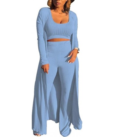 3 Piece Suit for Women's Solid Long Sleeve Open Front Long Coat and Crop Tank Top with Leggings Loungewear Z- Blue 3 Piece Ou...