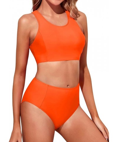 Women Two Piece High Waisted Bikini Set Sporty Swimsuits Bathing Suit with Bottom for Teen Girls Orange $20.15 Swimsuits