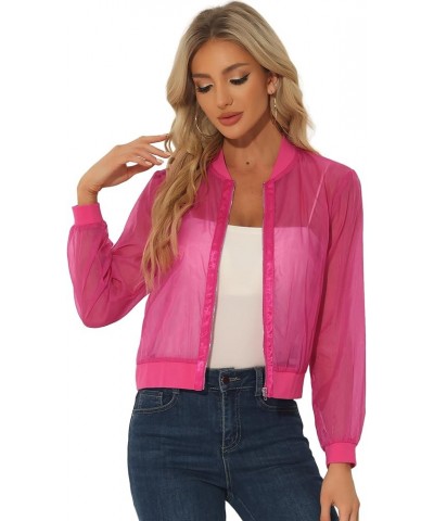 Mesh Jacket for Women's See Through Long Sleeve Sheer Zip Up Bomber Jacket Hot Pink $18.57 Jackets