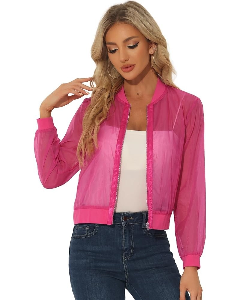 Mesh Jacket for Women's See Through Long Sleeve Sheer Zip Up Bomber Jacket Hot Pink $18.57 Jackets