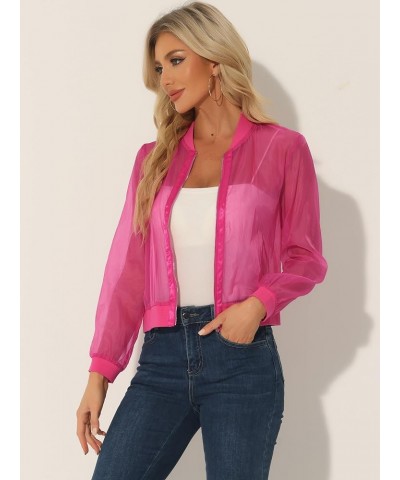 Mesh Jacket for Women's See Through Long Sleeve Sheer Zip Up Bomber Jacket Hot Pink $18.57 Jackets