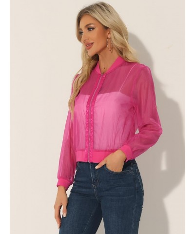 Mesh Jacket for Women's See Through Long Sleeve Sheer Zip Up Bomber Jacket Hot Pink $18.57 Jackets