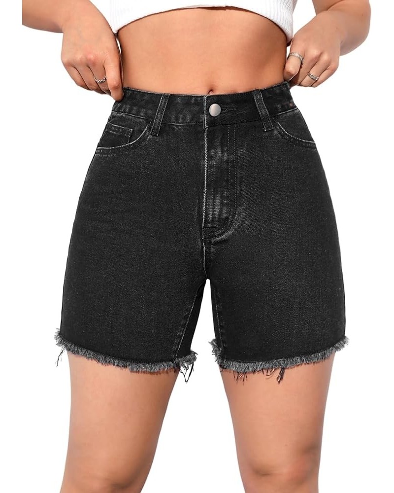 Women's High Waisted Jean Shorts Raw Hem Straight Leg Denim Shorts Summer Casual Short with Pockets Black $12.00 Shorts