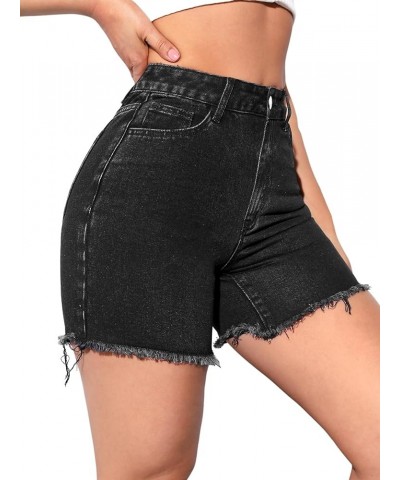 Women's High Waisted Jean Shorts Raw Hem Straight Leg Denim Shorts Summer Casual Short with Pockets Black $12.00 Shorts