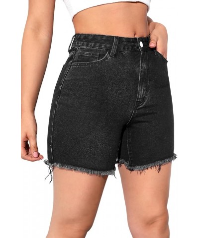 Women's High Waisted Jean Shorts Raw Hem Straight Leg Denim Shorts Summer Casual Short with Pockets Black $12.00 Shorts