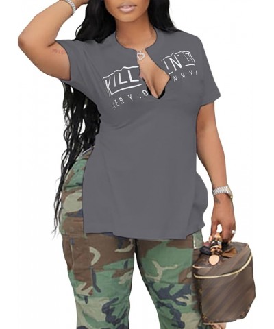 Women's Drop Shoulder V Neck Short Sleeve Oversized T Shirt Baggy Graphic Tee Top Black Medium Small L-dark Grey $12.53 T-Shirts