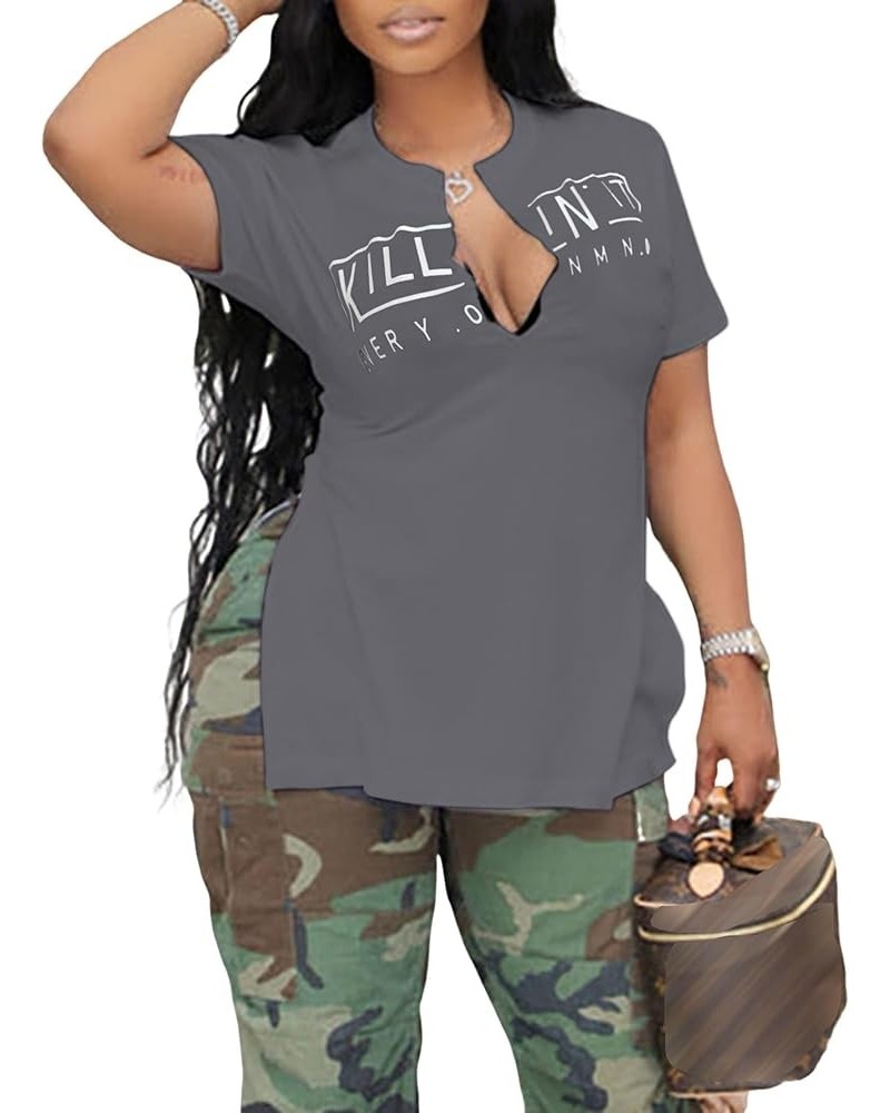 Women's Drop Shoulder V Neck Short Sleeve Oversized T Shirt Baggy Graphic Tee Top Black Medium Small L-dark Grey $12.53 T-Shirts