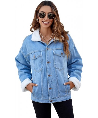 Women's Retro Sherpa Lined Denim Jacket Warm Jean Coats Thicker Outerwear with Pockets Light Blue $29.90 Jackets