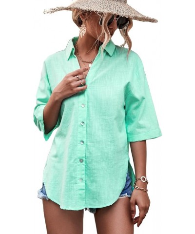 Women's Half Sleeve V Neck Button Down Shirt Drop Shoulder Collared Blouse Top Mint Green $8.54 Blouses