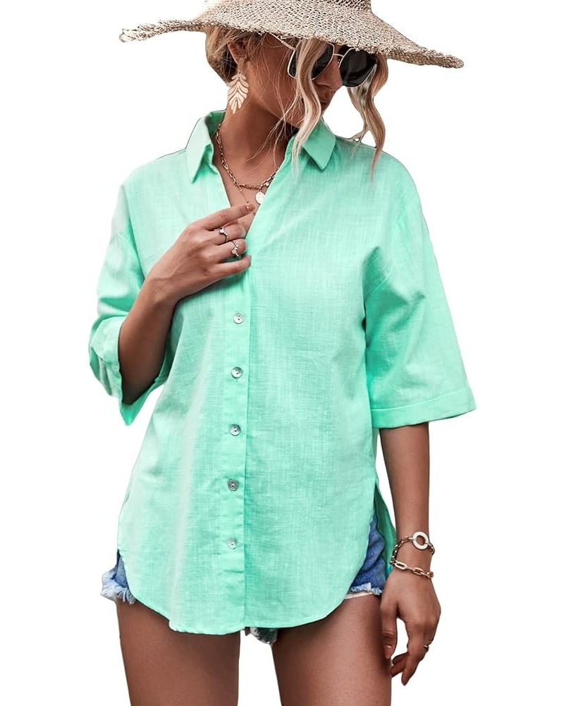 Women's Half Sleeve V Neck Button Down Shirt Drop Shoulder Collared Blouse Top Mint Green $8.54 Blouses