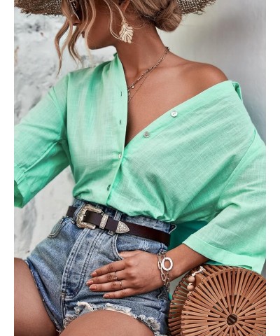 Women's Half Sleeve V Neck Button Down Shirt Drop Shoulder Collared Blouse Top Mint Green $8.54 Blouses