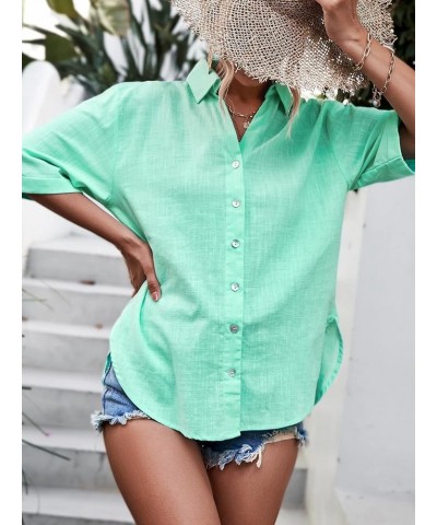 Women's Half Sleeve V Neck Button Down Shirt Drop Shoulder Collared Blouse Top Mint Green $8.54 Blouses