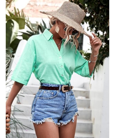 Women's Half Sleeve V Neck Button Down Shirt Drop Shoulder Collared Blouse Top Mint Green $8.54 Blouses