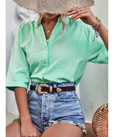 Women's Half Sleeve V Neck Button Down Shirt Drop Shoulder Collared Blouse Top Mint Green $8.54 Blouses