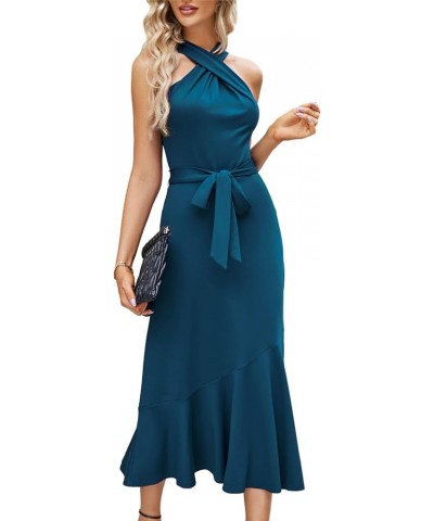 Women's Fall Dresses 2023 Midi Criss Cross Halter Neck Sleeveless Ruffle Hem Cocktail Party Bodycon Dress with Belt Peacock B...