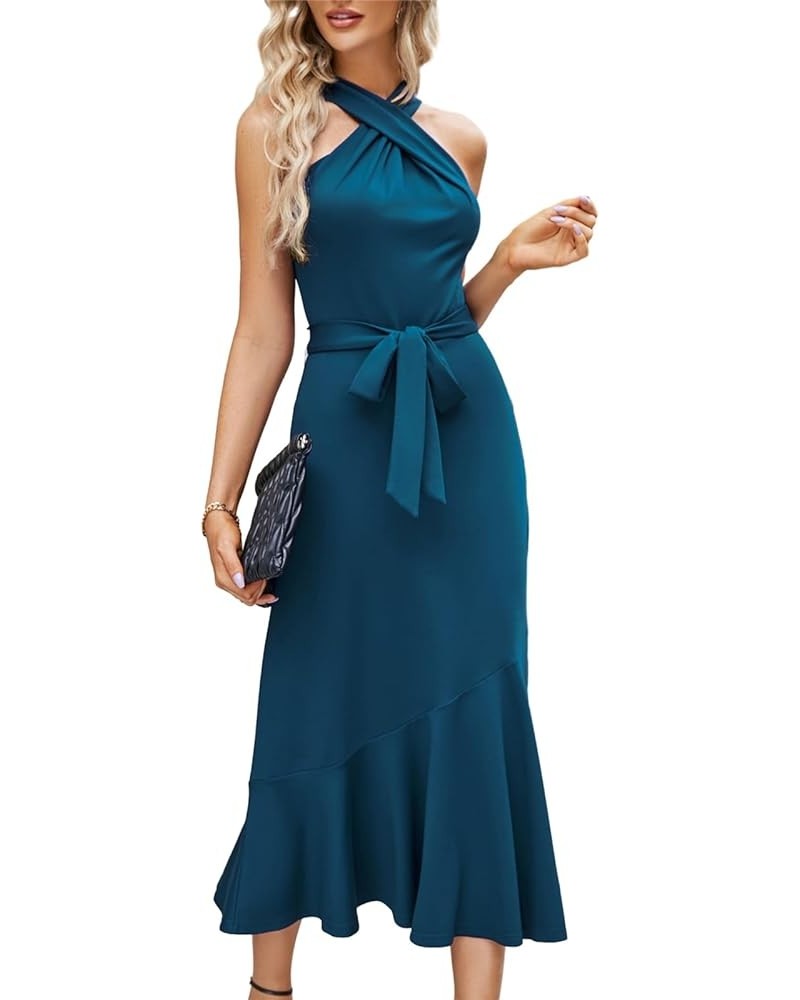 Women's Fall Dresses 2023 Midi Criss Cross Halter Neck Sleeveless Ruffle Hem Cocktail Party Bodycon Dress with Belt Peacock B...