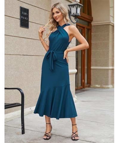 Women's Fall Dresses 2023 Midi Criss Cross Halter Neck Sleeveless Ruffle Hem Cocktail Party Bodycon Dress with Belt Peacock B...