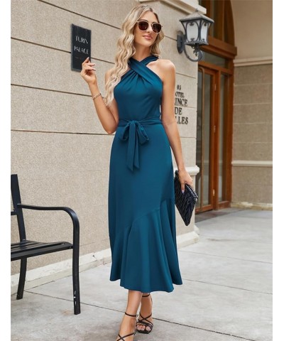 Women's Fall Dresses 2023 Midi Criss Cross Halter Neck Sleeveless Ruffle Hem Cocktail Party Bodycon Dress with Belt Peacock B...