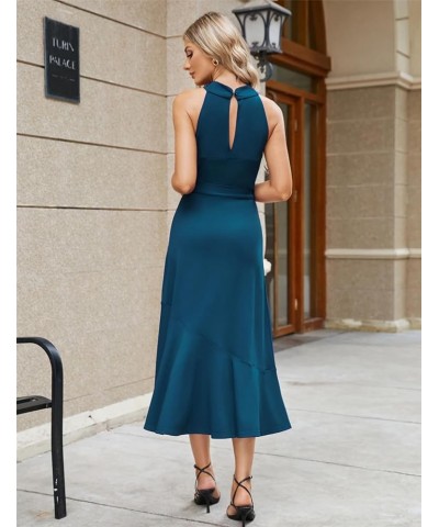 Women's Fall Dresses 2023 Midi Criss Cross Halter Neck Sleeveless Ruffle Hem Cocktail Party Bodycon Dress with Belt Peacock B...