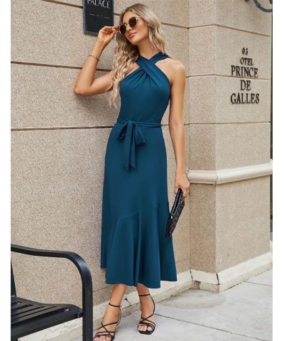 Women's Fall Dresses 2023 Midi Criss Cross Halter Neck Sleeveless Ruffle Hem Cocktail Party Bodycon Dress with Belt Peacock B...