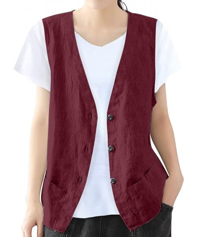 Vest Jacket For Women Casual Plain Coats Solid Color Cotton Linen Button Down Vests Fall Ladies Daily Tank Tops B-wine $11.96...