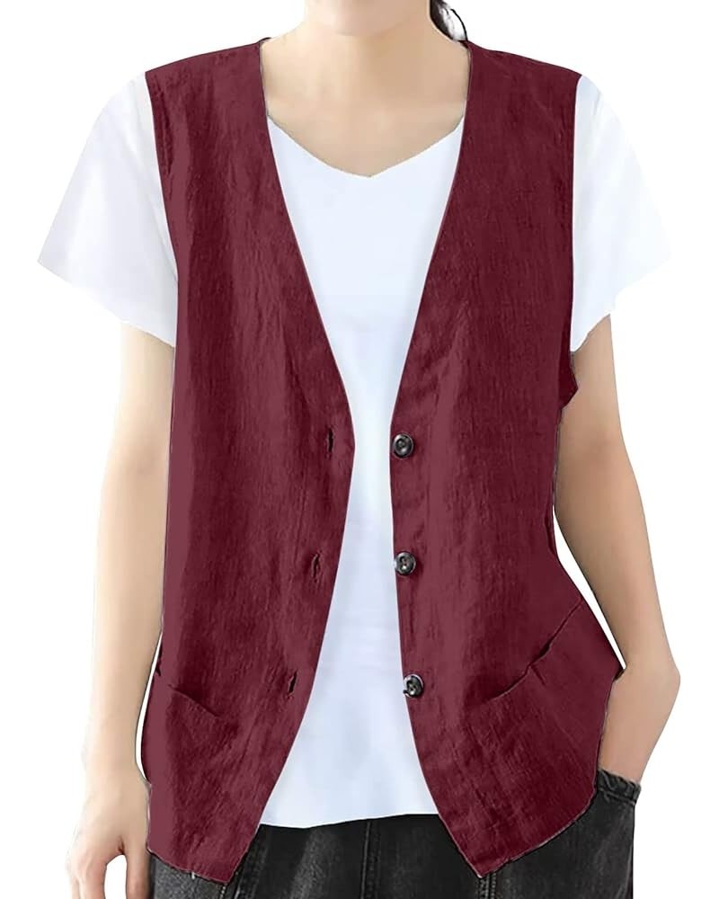 Vest Jacket For Women Casual Plain Coats Solid Color Cotton Linen Button Down Vests Fall Ladies Daily Tank Tops B-wine $11.96...