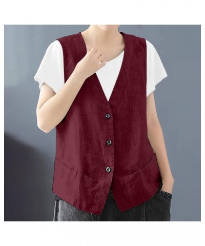 Vest Jacket For Women Casual Plain Coats Solid Color Cotton Linen Button Down Vests Fall Ladies Daily Tank Tops B-wine $11.96...