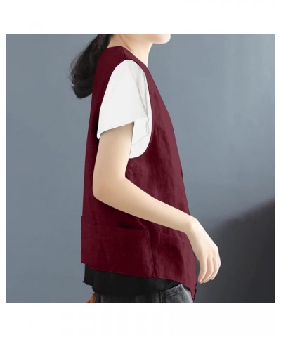 Vest Jacket For Women Casual Plain Coats Solid Color Cotton Linen Button Down Vests Fall Ladies Daily Tank Tops B-wine $11.96...