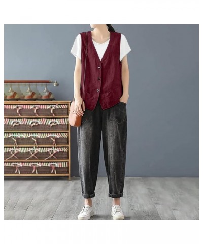 Vest Jacket For Women Casual Plain Coats Solid Color Cotton Linen Button Down Vests Fall Ladies Daily Tank Tops B-wine $11.96...