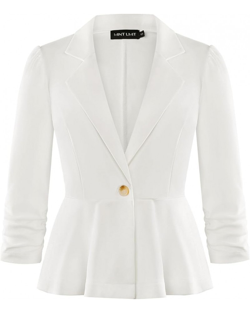 Blazers for Women Casual Elegant Puff 3/4 Sleeve Notched Lapel Cropped Blazer Button Front Ruffle Peplum Jacket White $15.58 ...