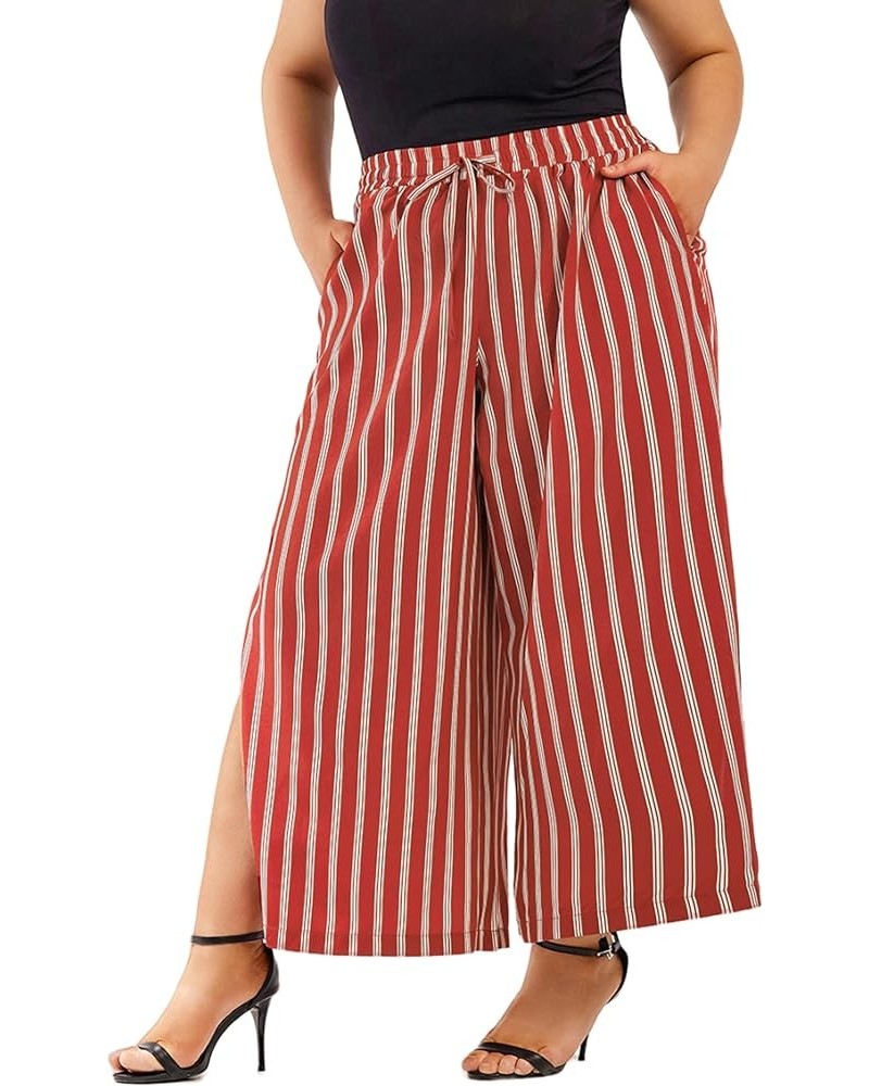 Womens Plus Size Wide Leg Pants Side Split Slit Palazzo Pants Pleated Culottes Boho Flowy Pants with Belt Red Stripes $16.95 ...