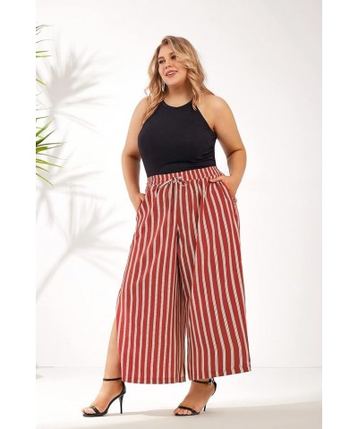 Womens Plus Size Wide Leg Pants Side Split Slit Palazzo Pants Pleated Culottes Boho Flowy Pants with Belt Red Stripes $16.95 ...