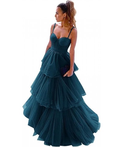 Women's Tulle Prom Dresses 2024 Ruffles Long Bow Spaghetti Straps A Line Corset Tiered Formal Evening Party Gowns Teal Blue $...