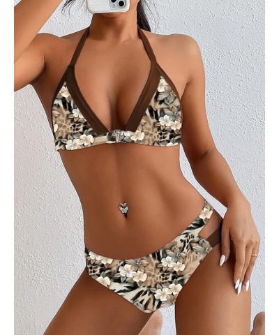 Women's Cutout Halter Bikini Triangle Low Waist Two Piece Swimsuit Leopard Print $17.91 Swimsuits