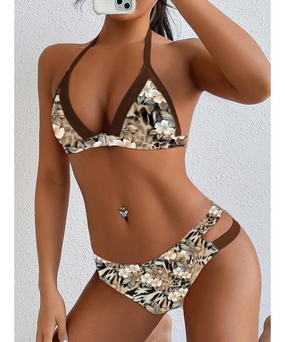 Women's Cutout Halter Bikini Triangle Low Waist Two Piece Swimsuit Leopard Print $17.91 Swimsuits