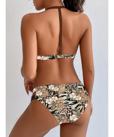 Women's Cutout Halter Bikini Triangle Low Waist Two Piece Swimsuit Leopard Print $17.91 Swimsuits