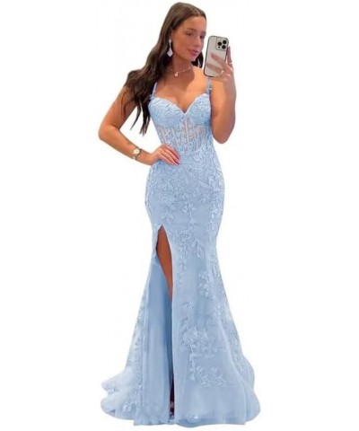 Lace Appliques Prom Dresses for Women Tulle Mermaid Bodycon Formal Evening Dress with Slit BD432 Sky Blue $41.40 Dresses