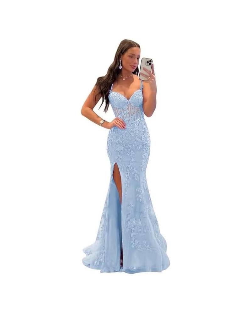 Lace Appliques Prom Dresses for Women Tulle Mermaid Bodycon Formal Evening Dress with Slit BD432 Sky Blue $41.40 Dresses