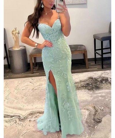 Lace Appliques Prom Dresses for Women Tulle Mermaid Bodycon Formal Evening Dress with Slit BD432 Sky Blue $41.40 Dresses