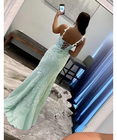 Lace Appliques Prom Dresses for Women Tulle Mermaid Bodycon Formal Evening Dress with Slit BD432 Sky Blue $41.40 Dresses