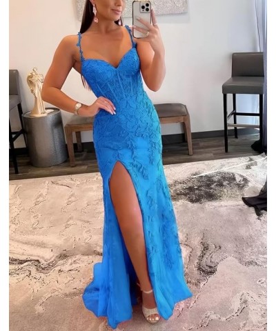 Lace Appliques Prom Dresses for Women Tulle Mermaid Bodycon Formal Evening Dress with Slit BD432 Sky Blue $41.40 Dresses