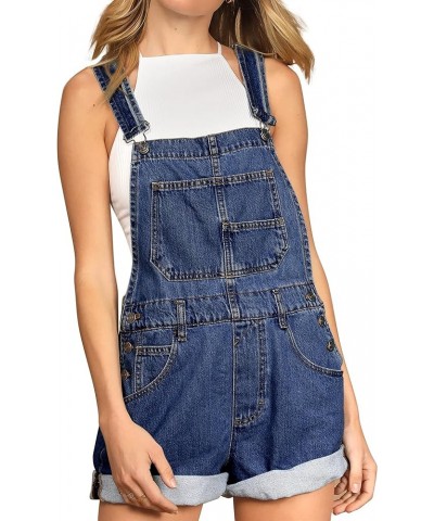 Women's Classic Denim Shortalls Adjustable Strap Bib Overall Shorts Romper Cuffed Hem Jean Shorts Navy Blue $16.34 Overalls