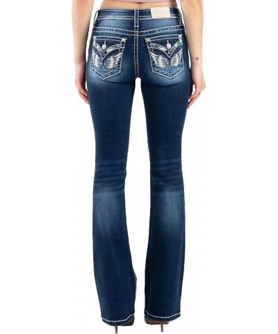 Women's Mid Rise Feather Wing Spread Boot Cut Jeans with Faux Flap Pockets Dark Blue $43.40 Jeans