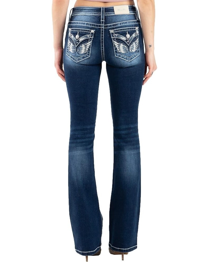 Women's Mid Rise Feather Wing Spread Boot Cut Jeans with Faux Flap Pockets Dark Blue $43.40 Jeans