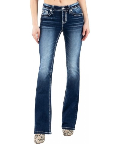 Women's Mid Rise Feather Wing Spread Boot Cut Jeans with Faux Flap Pockets Dark Blue $43.40 Jeans