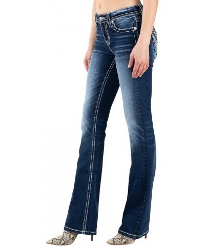 Women's Mid Rise Feather Wing Spread Boot Cut Jeans with Faux Flap Pockets Dark Blue $43.40 Jeans