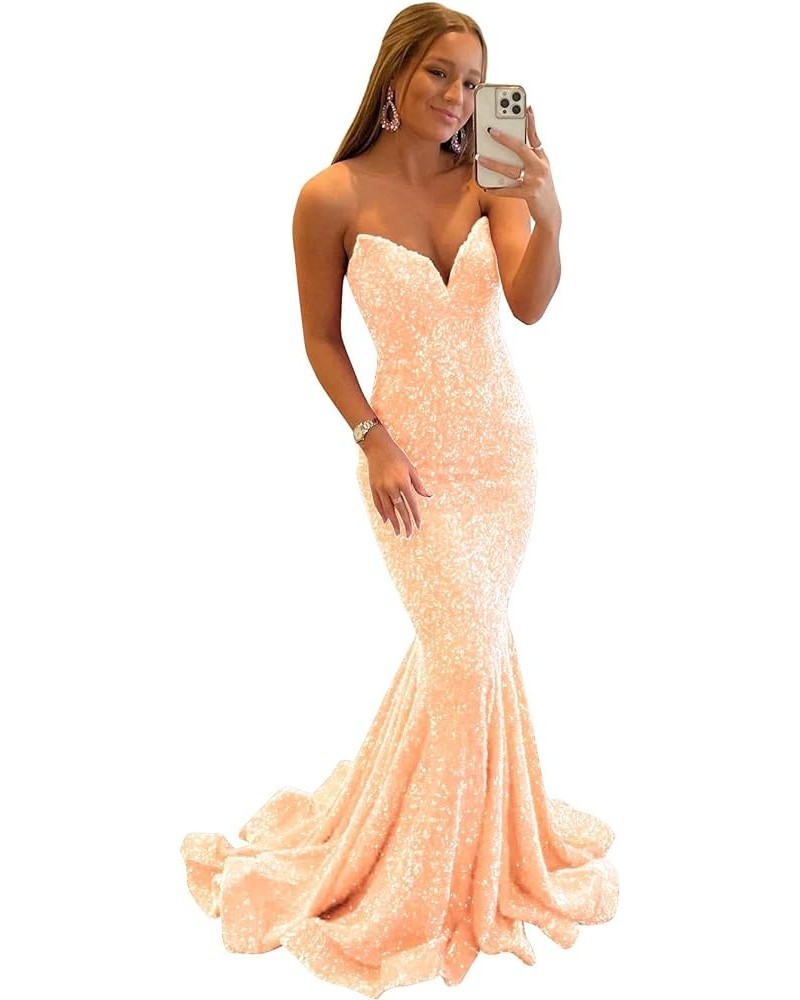 Mermaid Prom Dresses for Women Ball Gown Sparkly Sequin V Neck Long Formal Evening Gown Rose Gold $42.38 Dresses